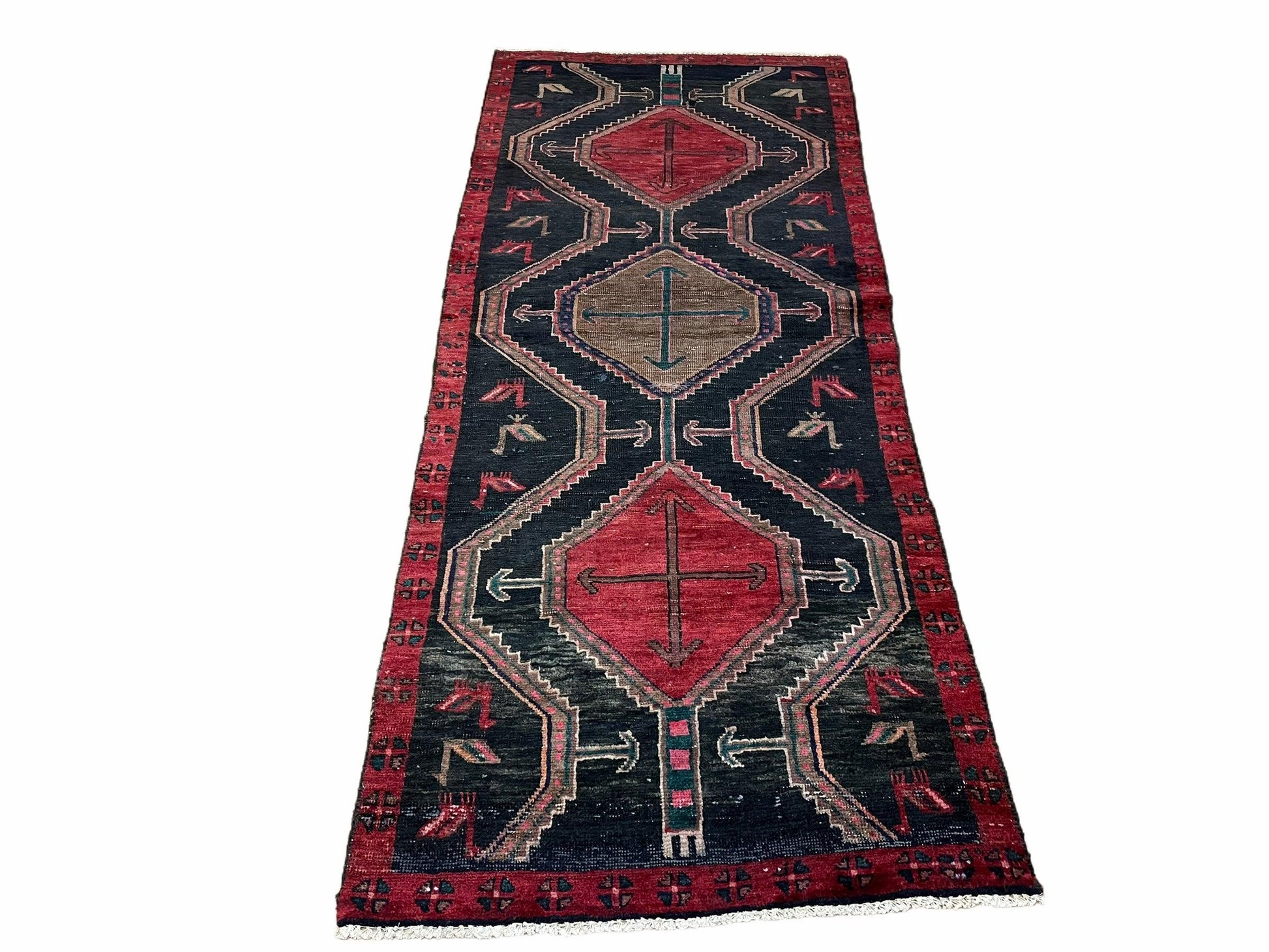 3 X 7 Handmade Wool Tribal Runner Rug Geometric Red Blue Boho Organic Dyes - Nuvé