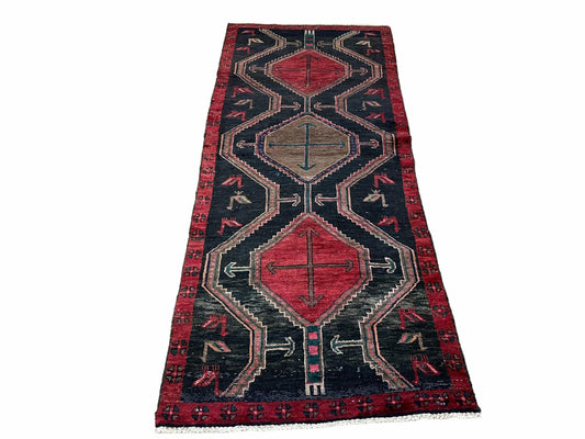 3 X 7 Handmade Wool Tribal Runner Rug Geometric Red Blue Boho Organic Dyes - Nuvé