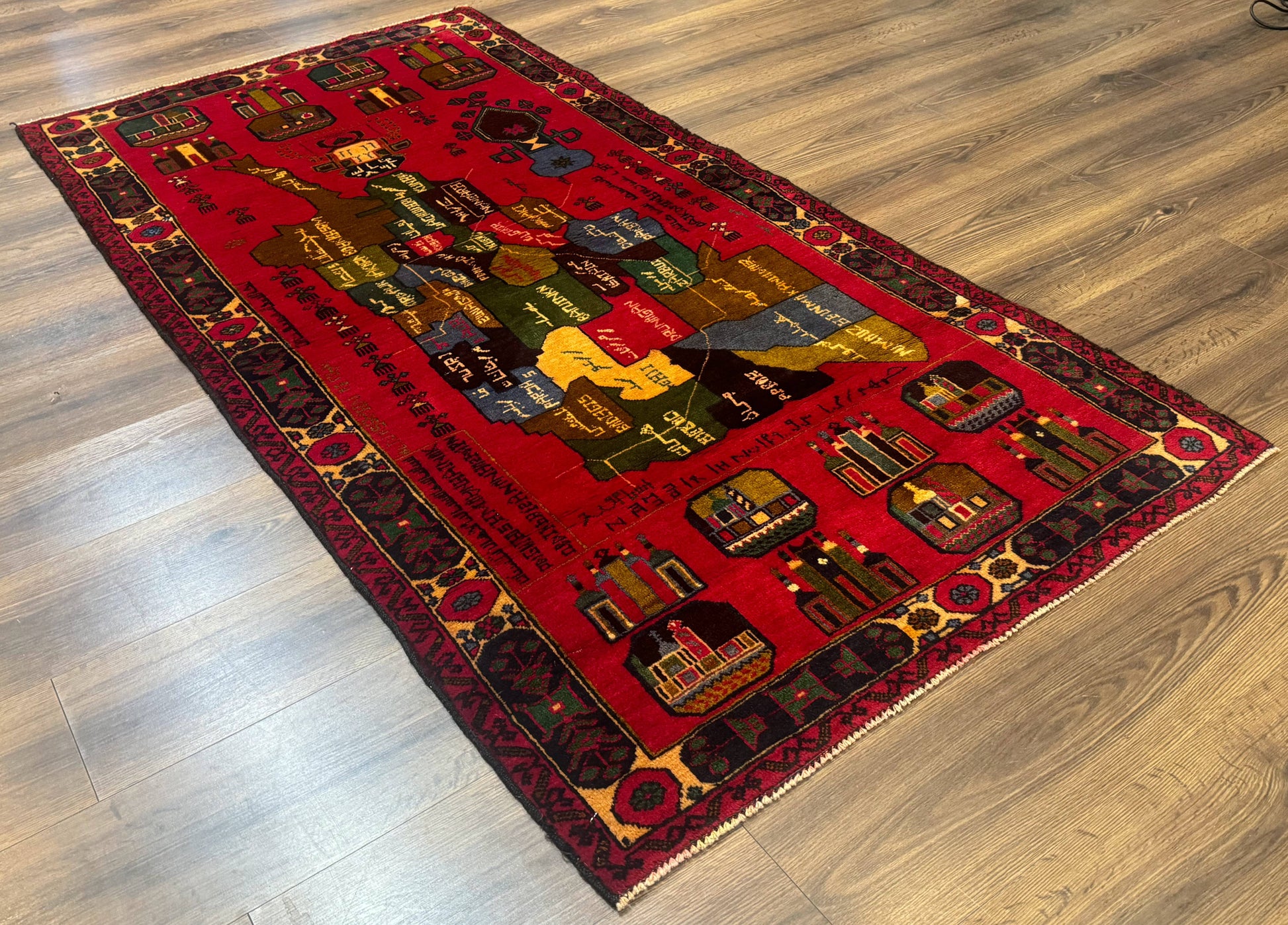 Red Afghan Balouch Rug 3x7, Tribal, Map of Afghanistan Depiction, Handmade, New - Nuvé