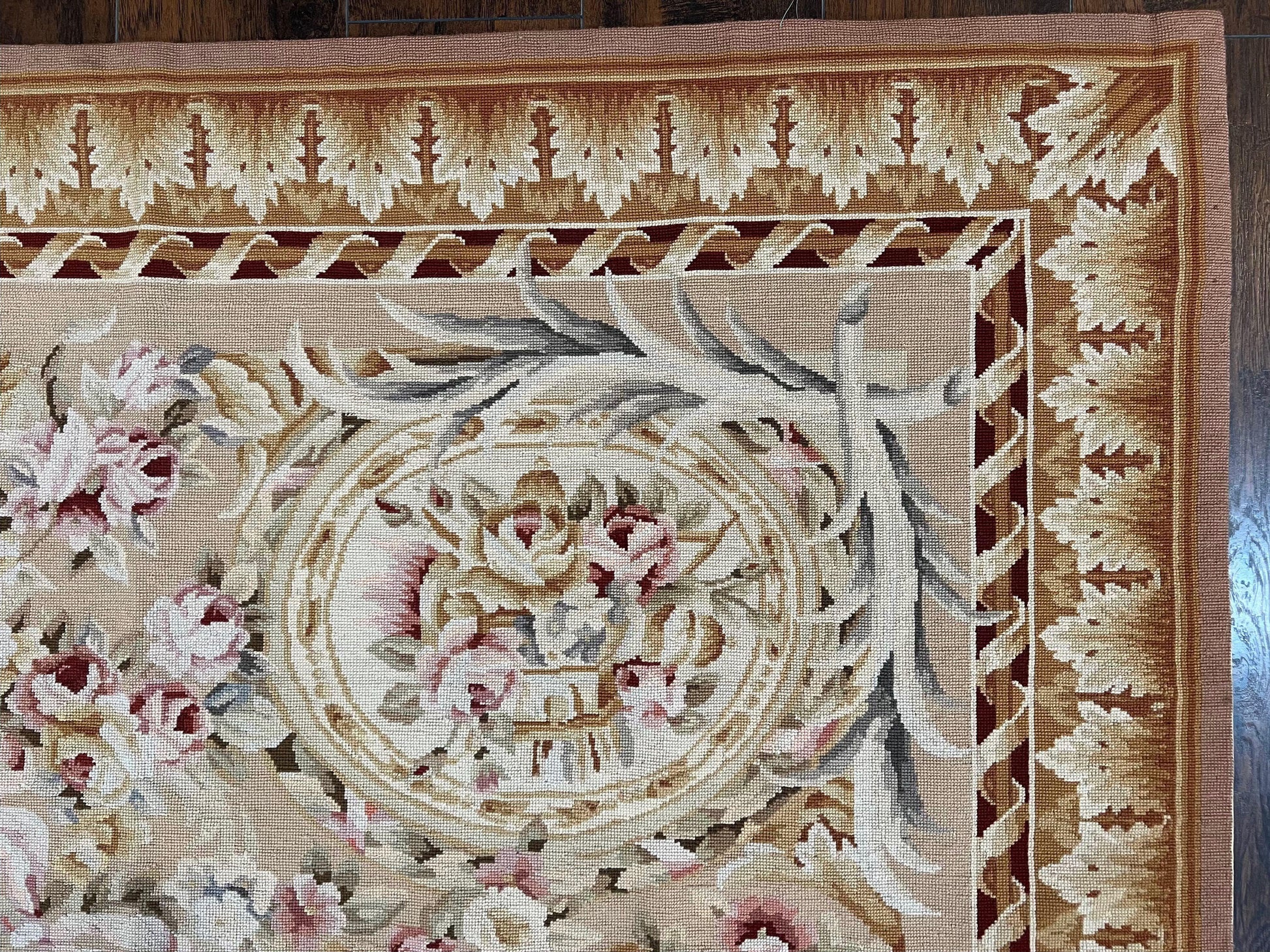 Aubusson Rug 9x12, Elegant Savonnerie Carpet 9 x 12 ft, Beige Ivory Tan, Floral, Flatweave Wool Handmade Area Rug 9 x 12 ft, European French - Nuvé