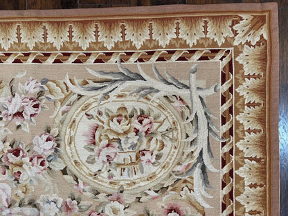 Aubusson Rug 9x12, Elegant Savonnerie Carpet 9 x 12 ft, Beige Ivory Tan, Floral, Flatweave Wool Handmade Area Rug 9 x 12 ft, European French - Nuvé