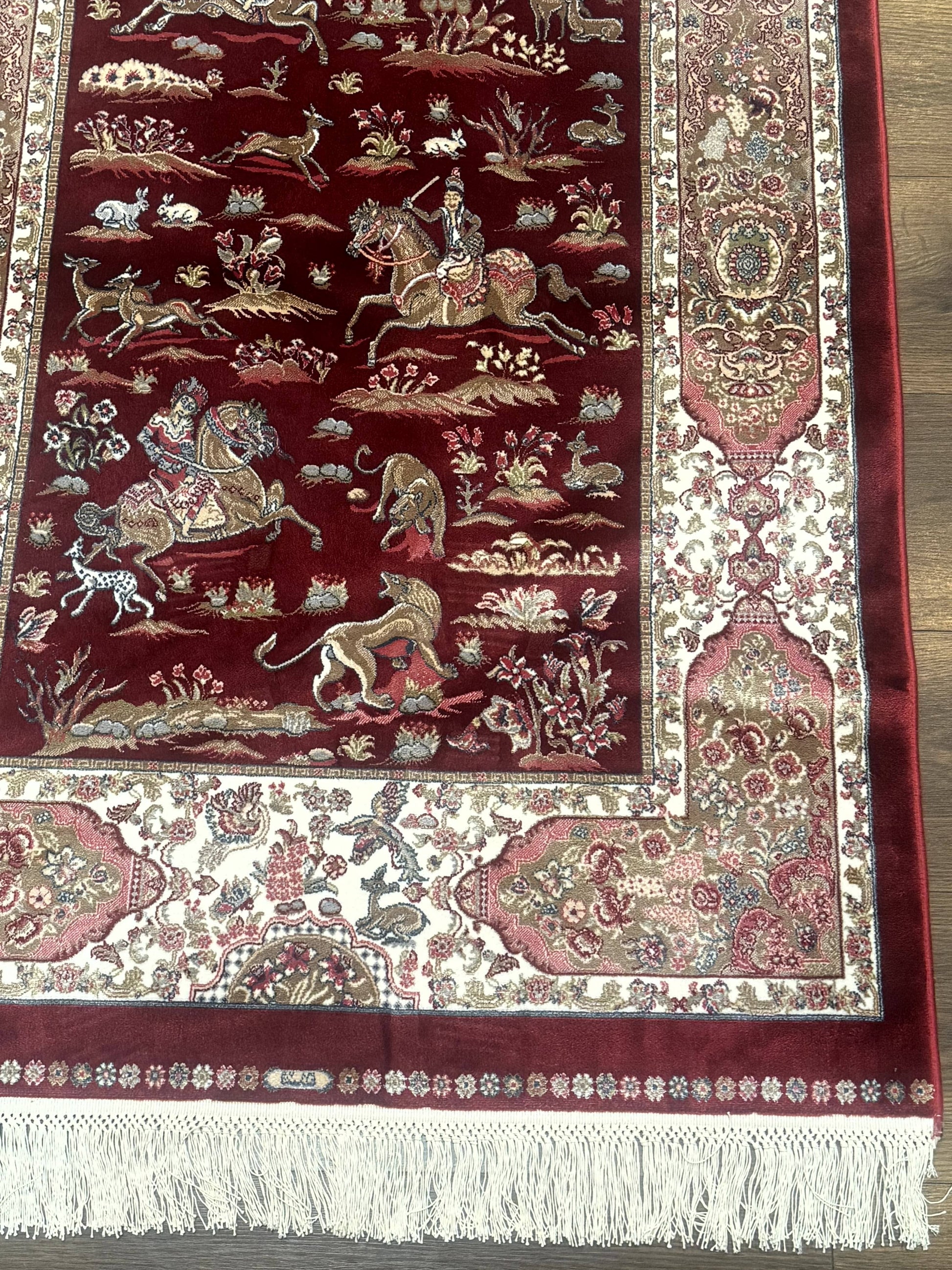Turkish Silk Rug 3x5, Hunting Design, Dark Red & Ivory, Bamboo Silk, New - Nuvé