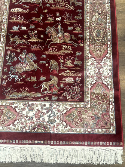 Turkish Silk Rug 3x5, Hunting Design, Dark Red & Ivory, Bamboo Silk, New - Nuvé