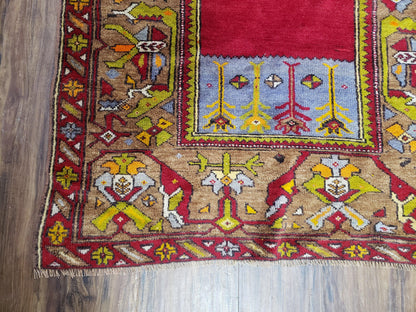 Antique Turkish Prayer Rug 3.8 x 5ft, Colorful Prayer Rug, Red Blue Gold Multicolor Turkish Anatolian Carpet, Handmade Hand-Knotted, Wool