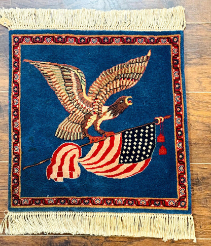 Pictorial Rug of American Flag with Bald Eagle, Small Indo Persian Pictorial Rug, Blue, Handmade, Very Fine 330 KPSI - Nuvé