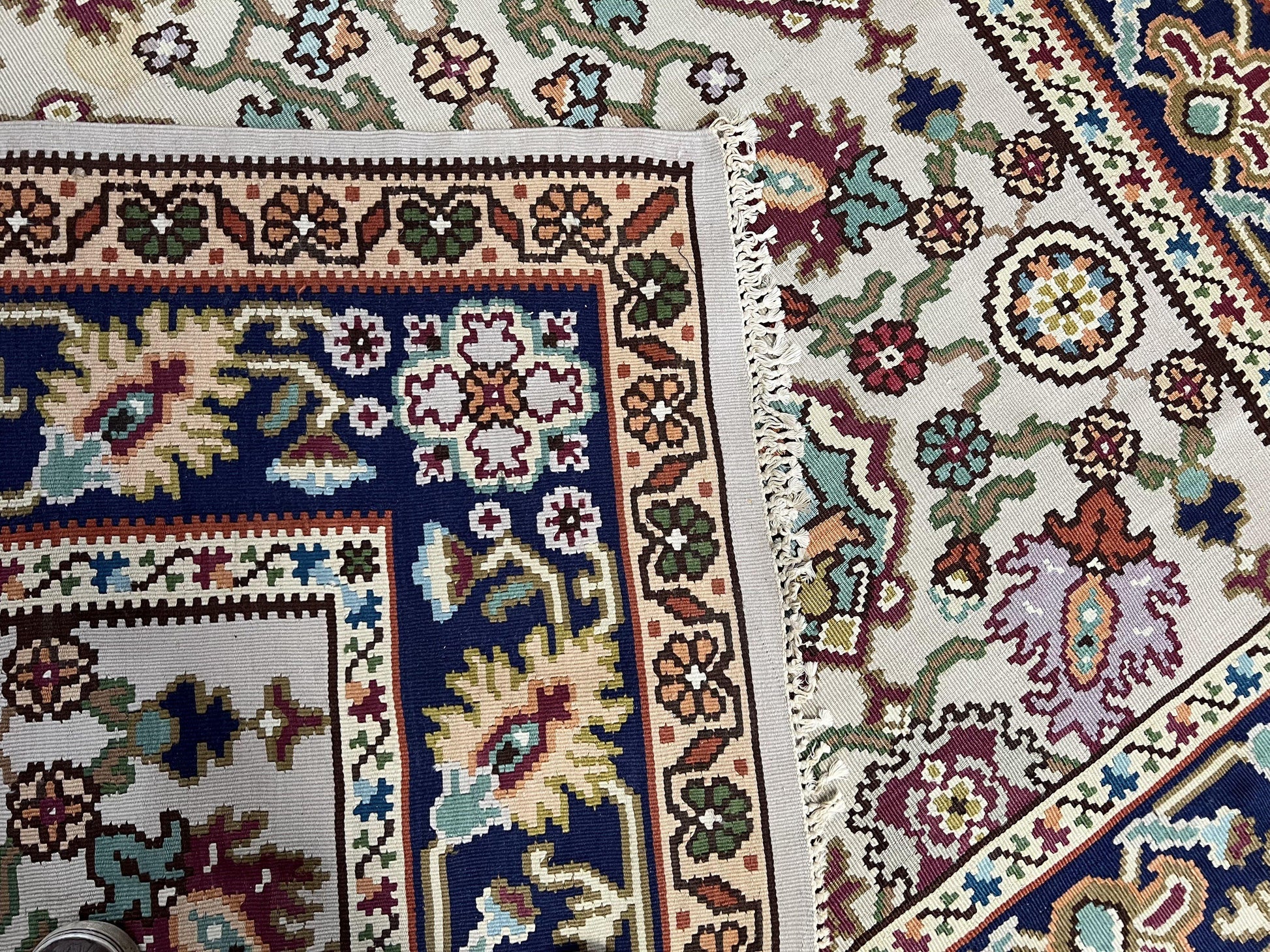 Antique Turkish Kilim Rug 7x10 Allover Pattern, Ivory Cream Maroon Light Blue, Wool Flatweave Hand Woven, Large Kilim, Vintage Kilim Carpet - Nuvé