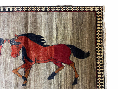 4 X 7 Handmade Hand-Knotted Quality Wool Rug Pictorial Horses Veggie Dyes Tribal - Nuvé