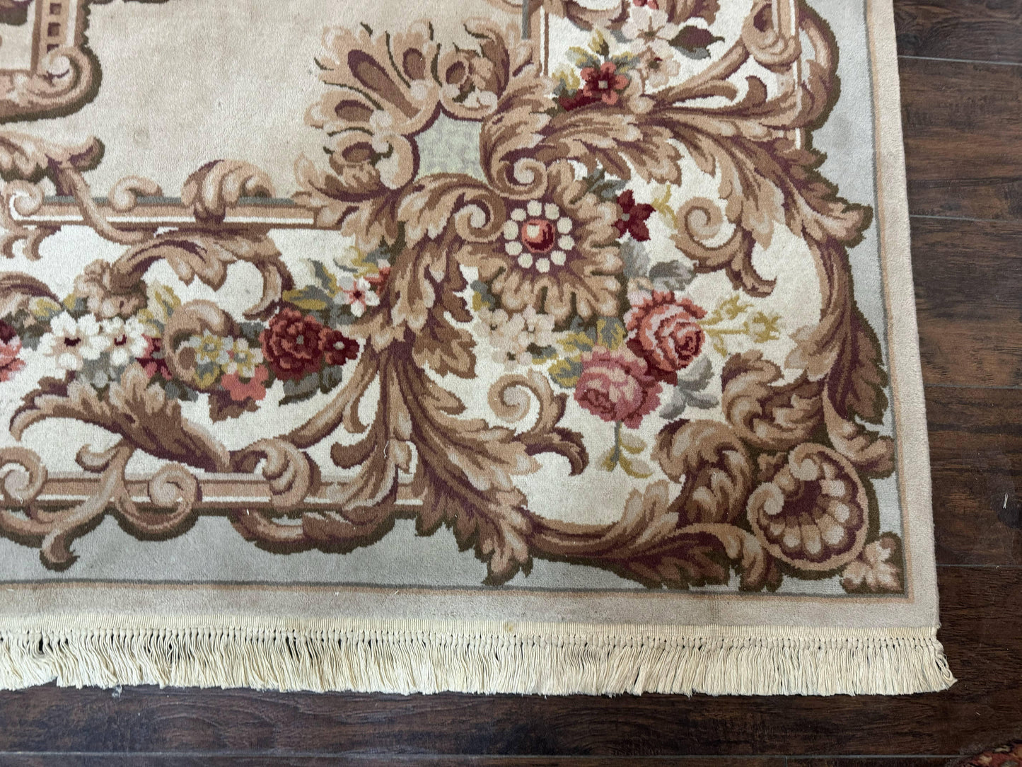 Aubusson Rug 8x12, European French Savonnerie Design, Thick Wool Pile, Elegant Rug, Cream Beige Light Green - Nuvé