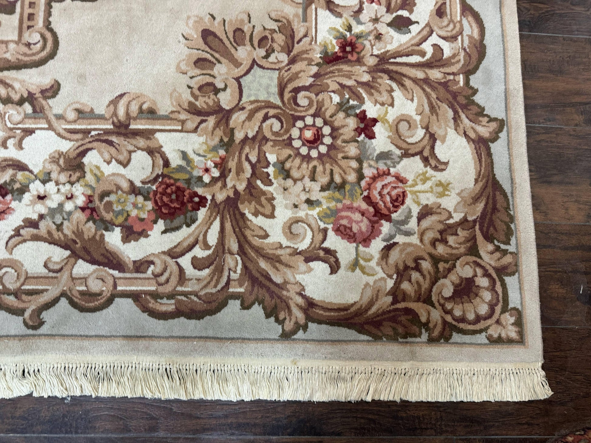 Aubusson Rug 8x12, European French Savonnerie Design, Thick Wool Pile, Elegant Rug, Cream Beige Light Green - Nuvé