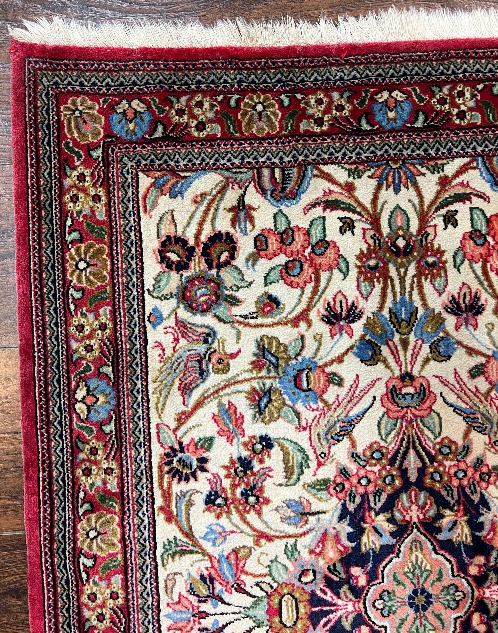 Wonderful Persian Qum Runner Rug 2.8 x 10 ft, Floral Medallions with Bird Motifs, Hand Knotted Wool Fine Oriental 10ft Hallway Runner, Cream Red - Nuvé