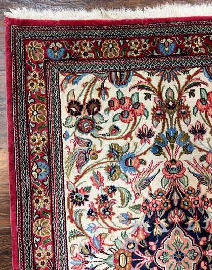 Wonderful Persian Qum Runner Rug 2.8 x 10 ft, Floral Medallions with Bird Motifs, Hand Knotted Wool Fine Oriental 10ft Hallway Runner, Cream Red - Nuvé