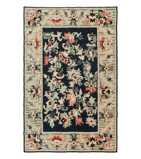 Vintage American Needlepoint Rug 4x6, Dark Green, Wool, Handmade, Flatweave Carpet