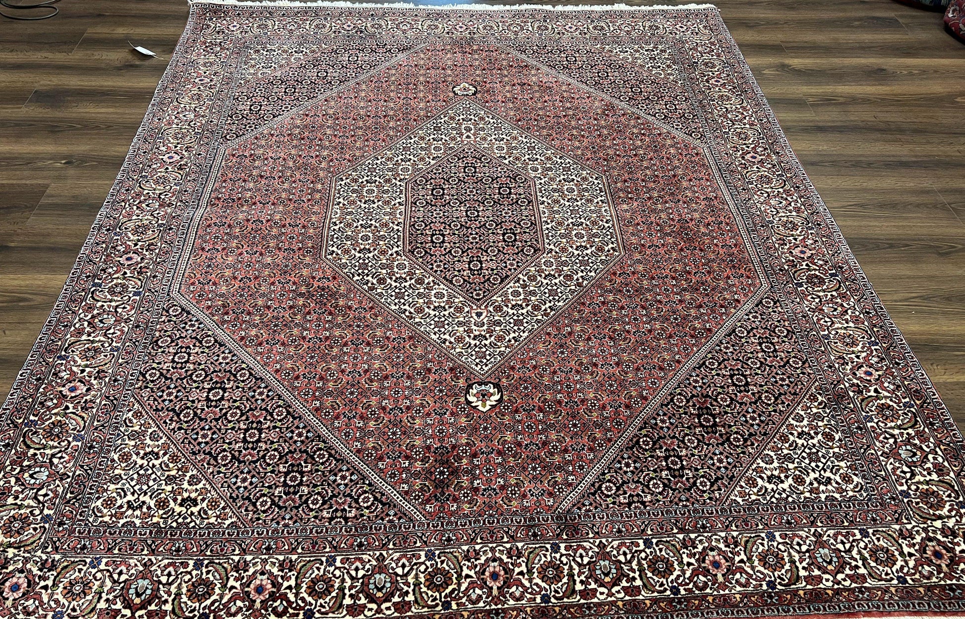 Wonderful Persian Bidjar Rug 7x8 ft, Almost Square Oriental Carpet, Herati Mahi, Highly Detailed, Ivory Red Navy Blue, Very Fine Handmade Bijar Rug - Nuvé
