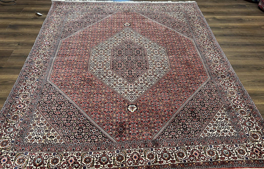 Wonderful Persian Bidjar Rug 7x8 ft, Almost Square Oriental Carpet, Herati Mahi, Highly Detailed, Ivory Red Navy Blue, Very Fine Handmade Bijar Rug - Nuvé