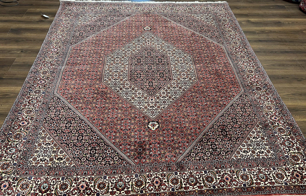 Wonderful Persian Bidjar Rug 7x8 ft, Almost Square Oriental Carpet, Herati Mahi, Highly Detailed, Ivory Red Navy Blue, Very Fine Handmade Bijar Rug