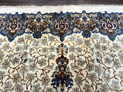 Persian Kashan Rug 9 x 12.6, Ivory and Blue, Floral Medallion, Wool Hand Knotted Semi Antique Carpet - Nuvé