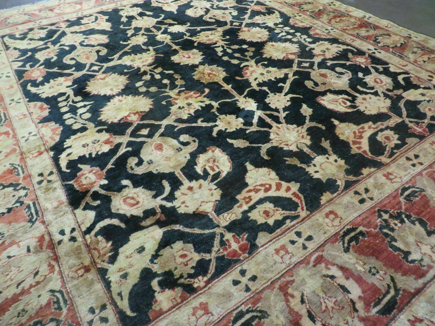 8' X 9' Handmade Pakistan Wool Cotton Rug Peshawar Black Floral Nice # 200C - Nuvé