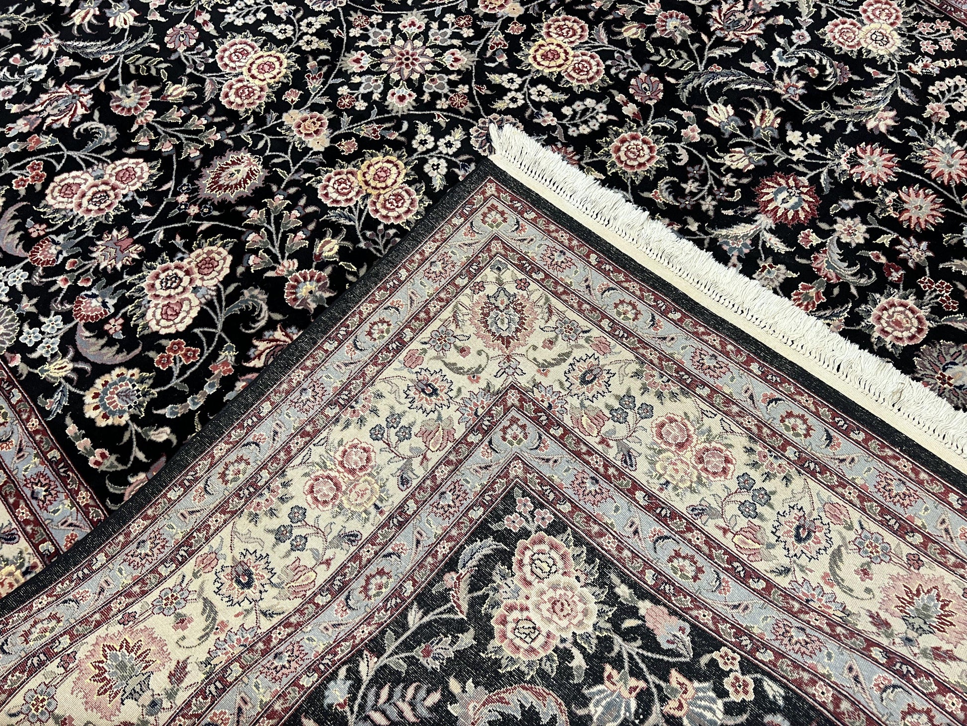 Pak Persian Rug 9x12, Floral Allover, Hand Knotted Oriental Carpet 9 x 12 ft, Black and Cream, Detailed, Wool with Silk Highlights, Vintage - Nuvé