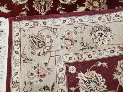 Vintage Traditional Oriental Area Rug, Hand-Knotted, Wool & Silk Accents, Maroon Red and Beige, 6x9 Carpet, 5' 9" x 9' - Nuvé
