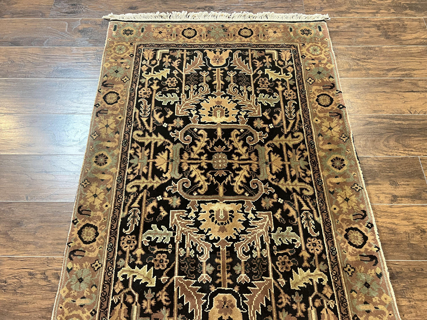 Heriz Rug 3.6 x 5, Handmade Vintage Wool Carpet, Couristan Carpet, Persian Design, Black - Nuvé