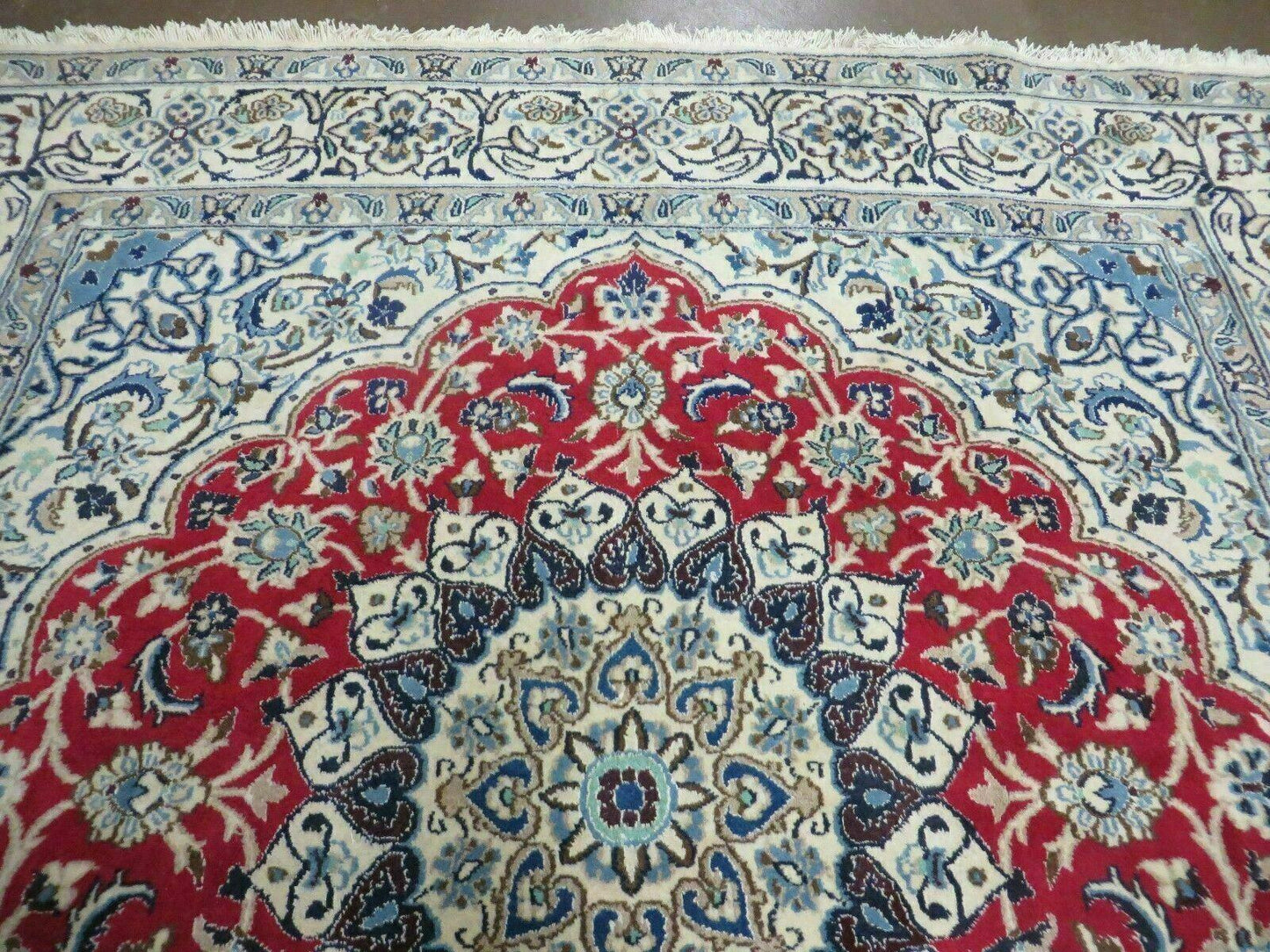 Square Persian Nain Rug 6.3 x 6.8, Hand-Knotted Wool with Silk Accents, Ivory Red Blue - Nuvé