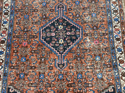 Red Persian Hamadan Rug 4x6, Wool Handmade Antique Carpet, Geometric Medallion Rug, Oriental Rug 4 x 6, Persian Tribal Rug, Hand Knotted Rug - Nuvé