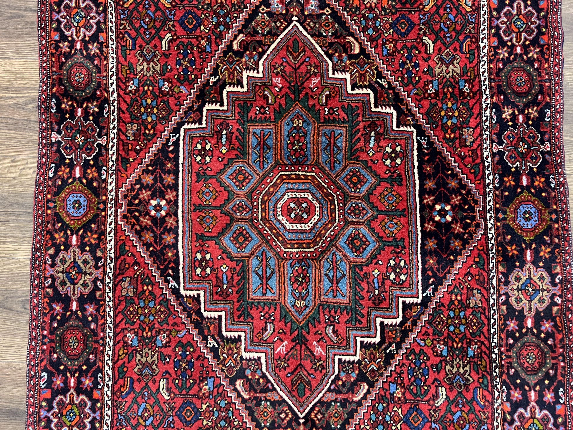 Fine Persian Bidjar Rug 3x5 ft, Ruby Red and Black, Geometric Medallion, Hand Knotted Semi Antique Oriental Bijar Carpet, Wool Area Rug, Tribal Rug - Nuvé