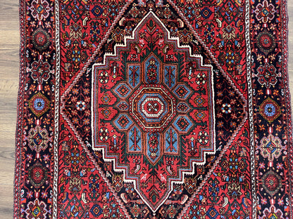 Fine Persian Bidjar Rug 3x5 ft, Ruby Red and Black, Geometric Medallion, Hand Knotted Semi Antique Oriental Bijar Carpet, Wool Area Rug, Tribal Rug - Nuvé