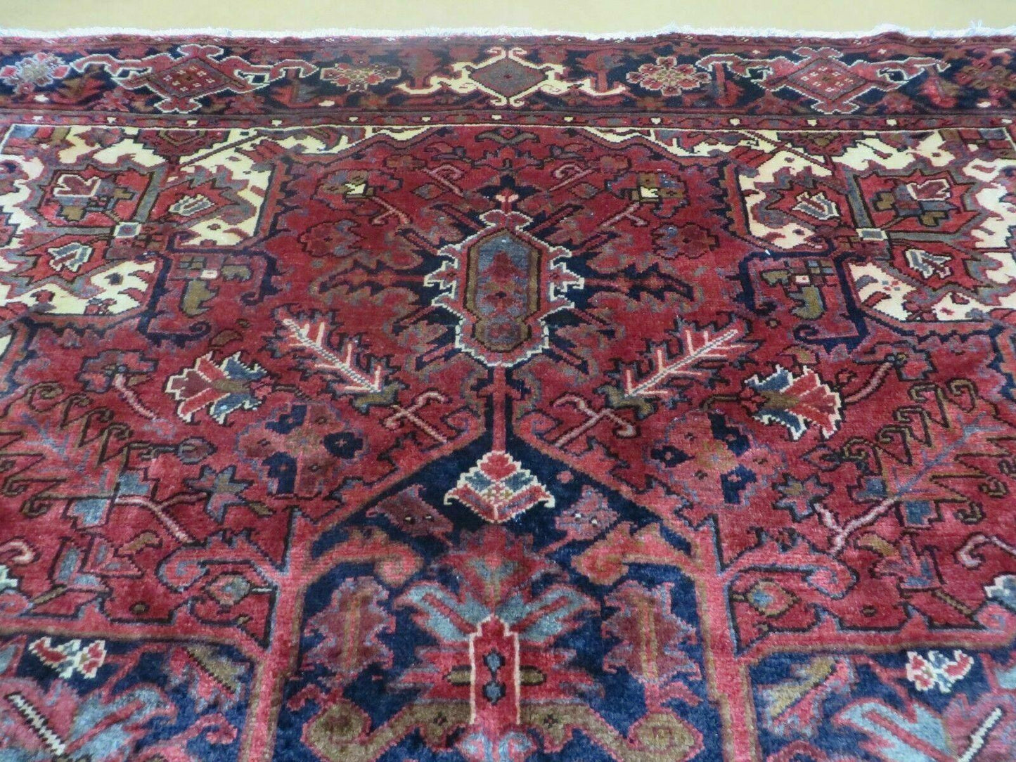 Persian Rug 8x11 Room Sized Heriz Carpet, Hand Knotted Wool Rug, Vintage Semi Antique, Geometric Medallion, Wine Red Cream Dark Blue, Wow - Nuvé