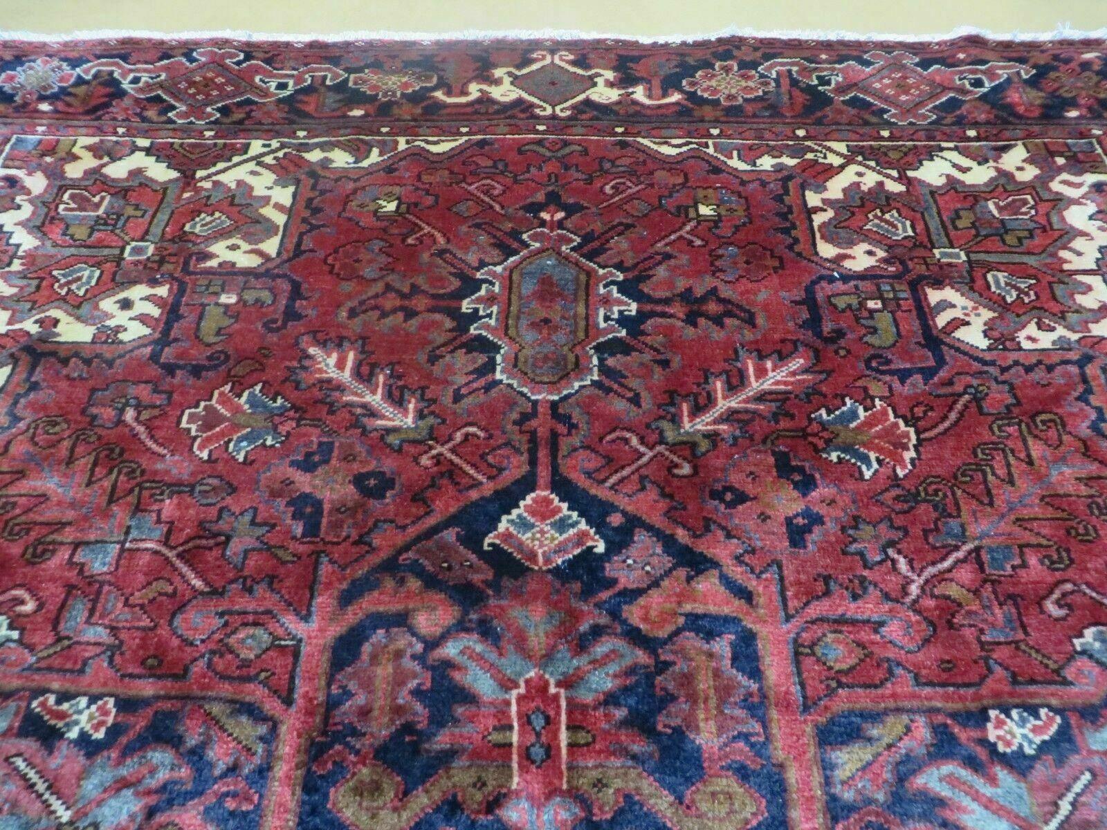 Persian Rug 8x11 Room Sized Heriz Carpet, Hand Knotted Wool Rug, Vintage Semi Antique, Geometric Medallion, Wine Red Cream Dark Blue, Wow - Nuvé