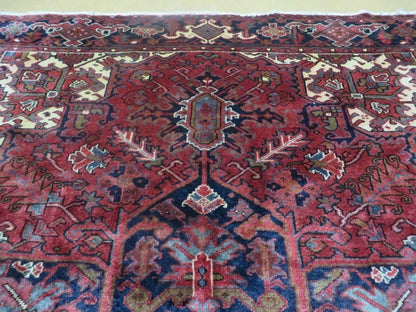 Persian Rug 8x11 Room Sized Heriz Carpet, Hand Knotted Wool Rug, Vintage Semi Antique, Geometric Medallion, Wine Red Cream Dark Blue, Wow - Nuvé