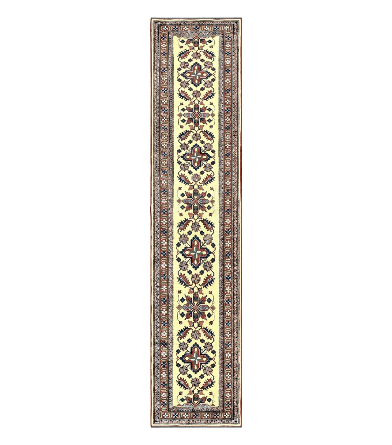 Afghan Heriz Runner Rug 2.9 x 12, Vintage Hand Knotted Persian Carpet for Hallway, 12ft Runner, Wool, Cream