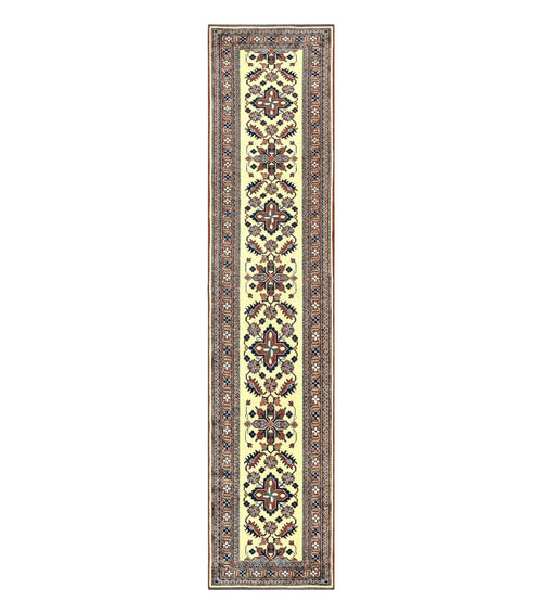 Afghan Heriz Runner Rug 2.9 x 12, Vintage Hand Knotted Persian Carpet for Hallway, 12ft Runner, Wool, Cream