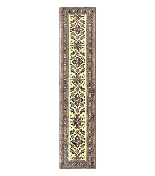 Afghan Heriz Runner Rug 2.9 x 12, Vintage Hand Knotted Persian Carpet for Hallway, 12ft Runner, Wool, Cream