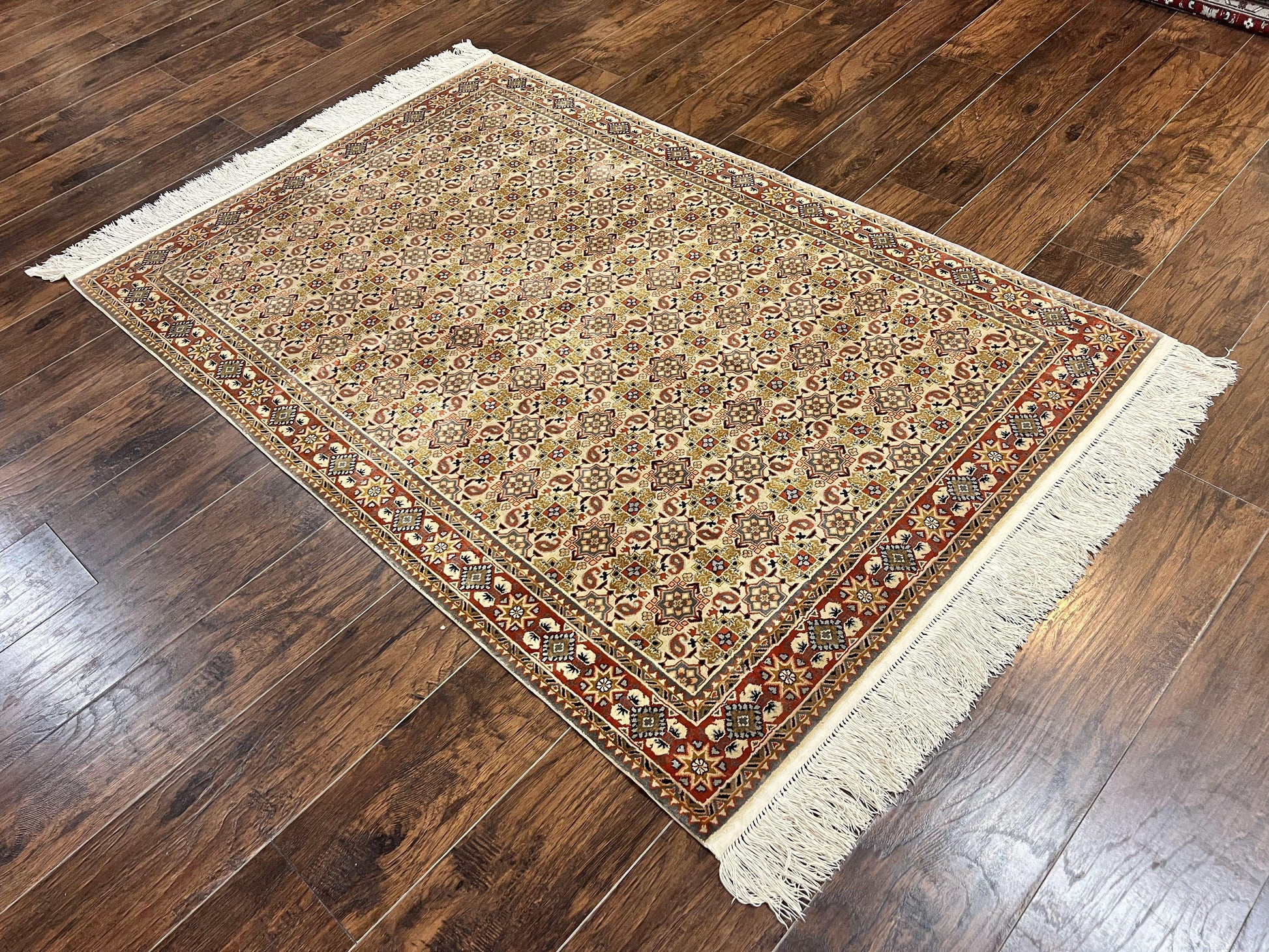Turkish Kayseri Silk Rug 4x6, Hand Knotted Handmade Vintage Allover Pattern, Fine Silk Oriental Carpet 4 x 6 ft, Traditional Rug, Cream - Nuvé