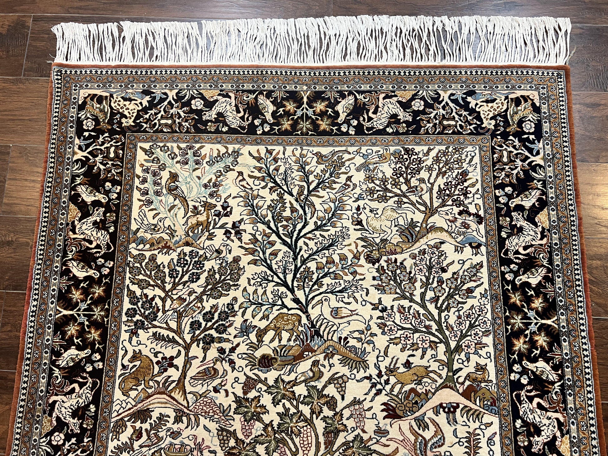 Persian Qum Tree of Life Rug 5x7, Wool and Silk Highlights, Animal Motifs, Vintage Hand Knotted Handmade Cream & Black Fine Oriental Carpet - Nuvé