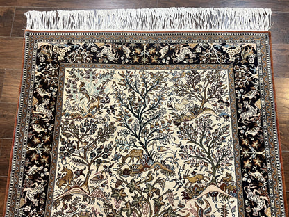 Persian Qum Tree of Life Rug 5x7, Wool and Silk Highlights, Animal Motifs, Vintage Hand Knotted Handmade Cream & Black Fine Oriental Carpet - Nuvé