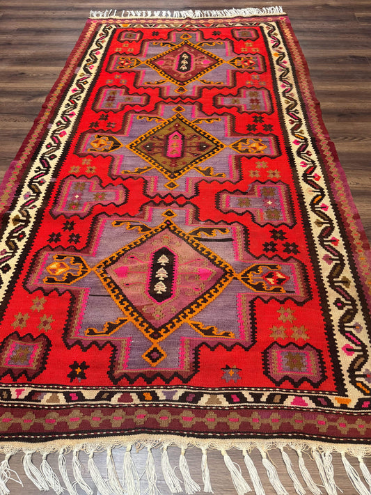 Persian Kurdish Zarand Kilim Rug 5x9, Red, Geometric Medallions, Wide Runner - Nuvé
