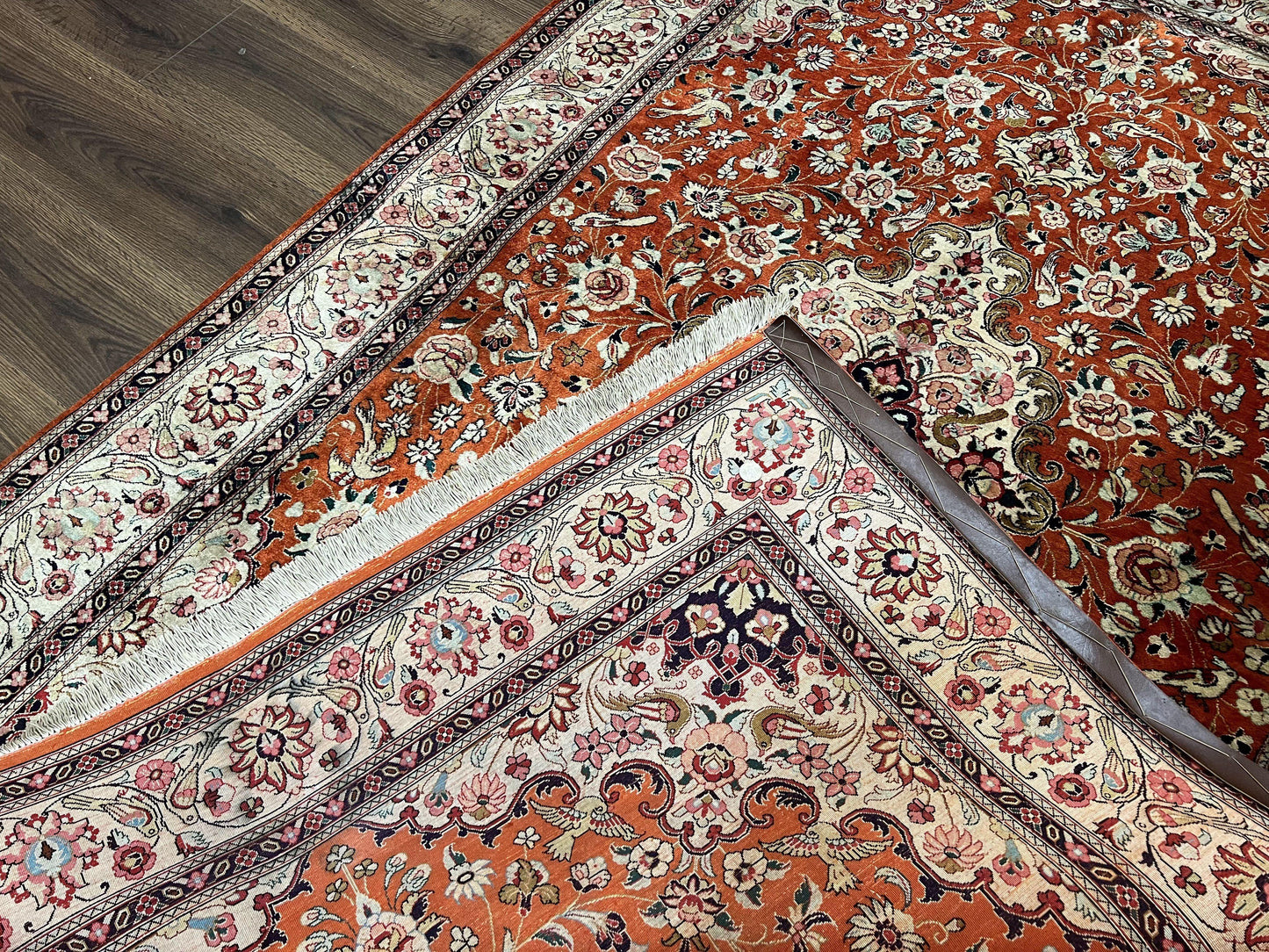 Persian Qum Silk Rug 5x7 - Floral Medallion, Birds, Orange-Red - Nuvé