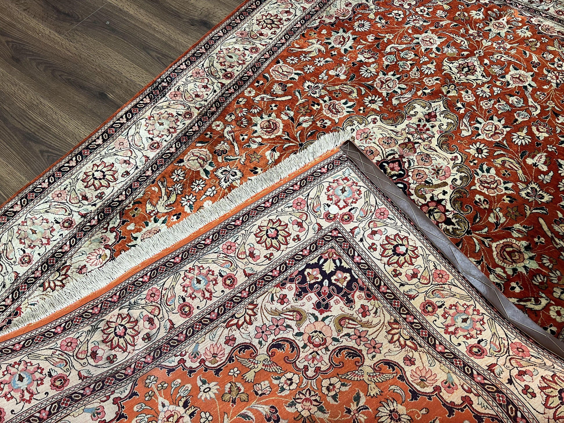 Persian Qum Silk Rug 5x7 - Floral Medallion, Birds, Orange-Red - Nuvé