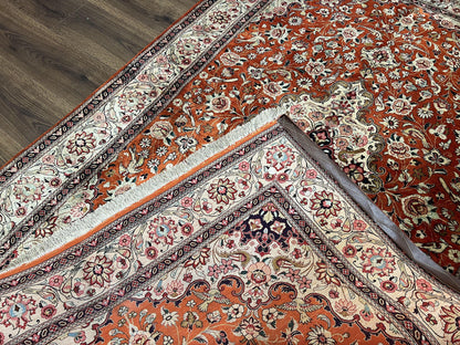 Persian Qum Silk Rug 5x7 - Floral Medallion, Birds, Orange-Red - Nuvé