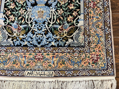 Wonderful Persian Isfahan Rug 3.7 x 5, Kork Wool on Silk Foundation, Very Fine 460 KPSI, Tree of Life Persian Vase Design Animal Pictorials Peacocks - Nuvé