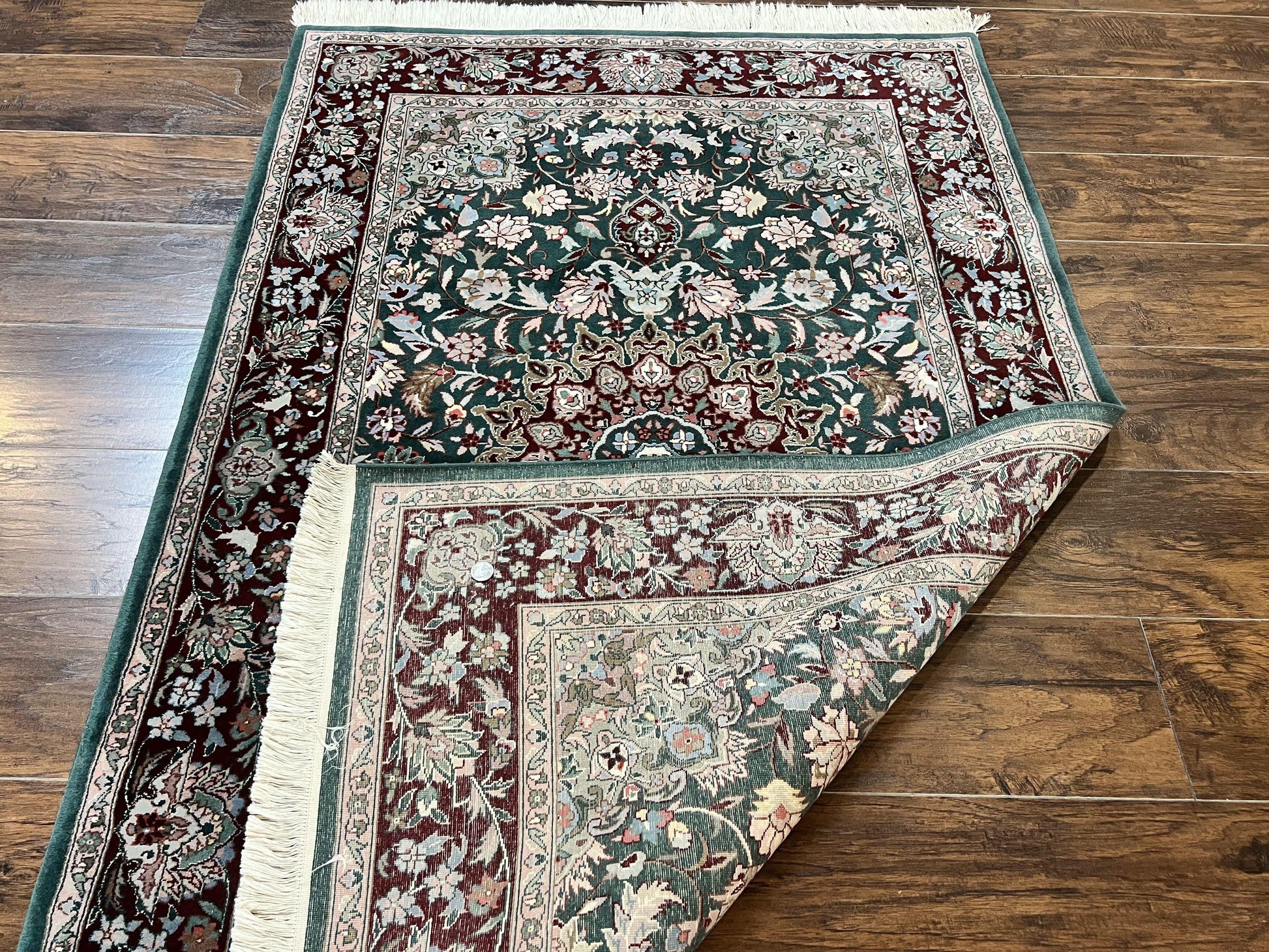 Pak Persian Rug 4x6, Wool Hand Knotted Vintage Carpet, Dark Green, Floral Medallion, Fine Oriental Rug - Nuvé