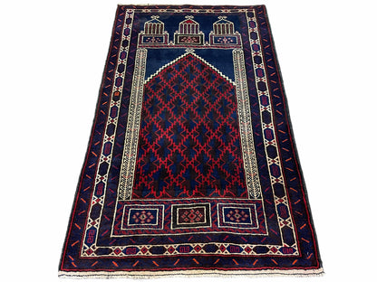 3x5 Vintage Handmade Tribal Wool Rug Balouchi Prayer Rug Afghan Rug Red Blue Wow - Nuvé