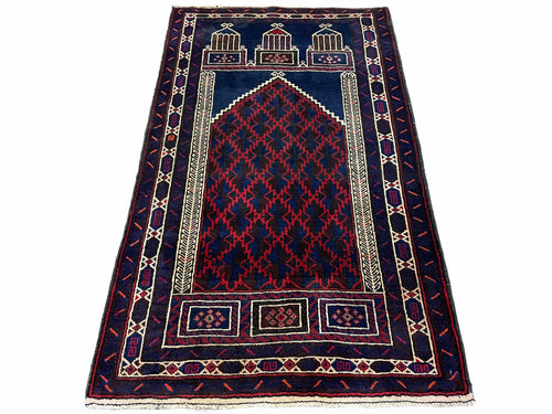 3x5 Vintage Handmade Tribal Wool Rug Balouchi Prayer Rug Afghan Rug Red Blue Wow - Nuvé