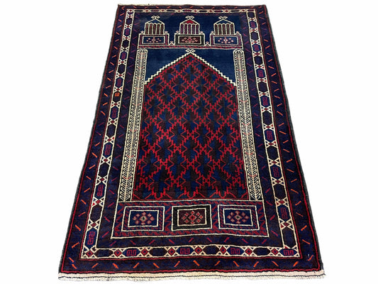 3x5 Vintage Handmade Tribal Wool Rug Balouchi Prayer Rug Afghan Rug Red Blue Wow - Nuvé