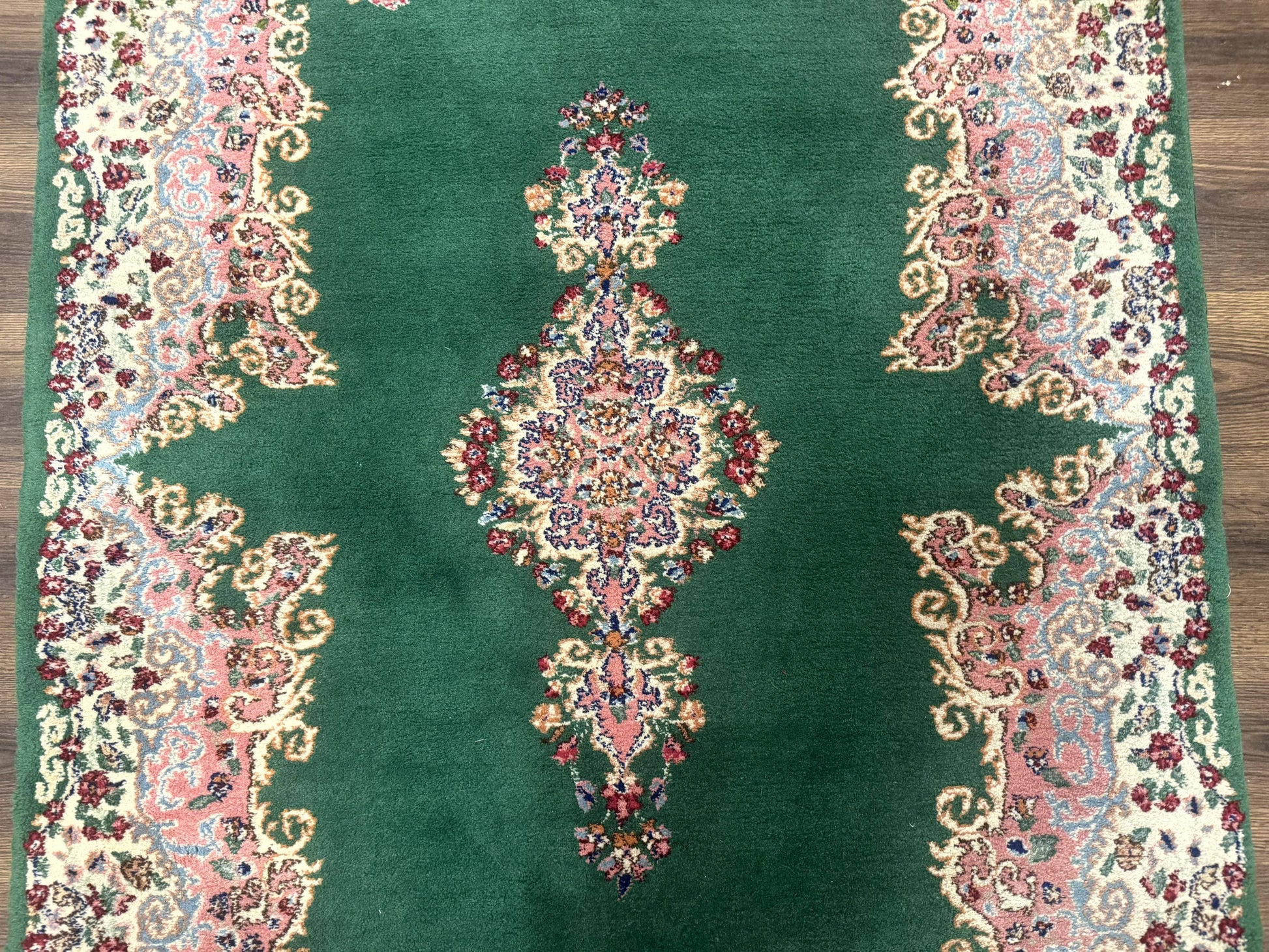 Green Persian Kerman Rug 4x6, Semi Open Field, Green & Cream, Vintage - Nuvé