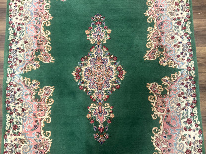 Green Persian Kerman Rug 4x6, Semi Open Field, Green & Cream, Vintage - Nuvé