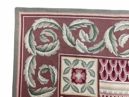 Traditional Aubusson Needlepoint Rug 9 x 12, Flowers, Flatweave Carpet, Hand-Knotted, Brand New, Cream Color, Green, Maroon Red, Wool - Nuvé