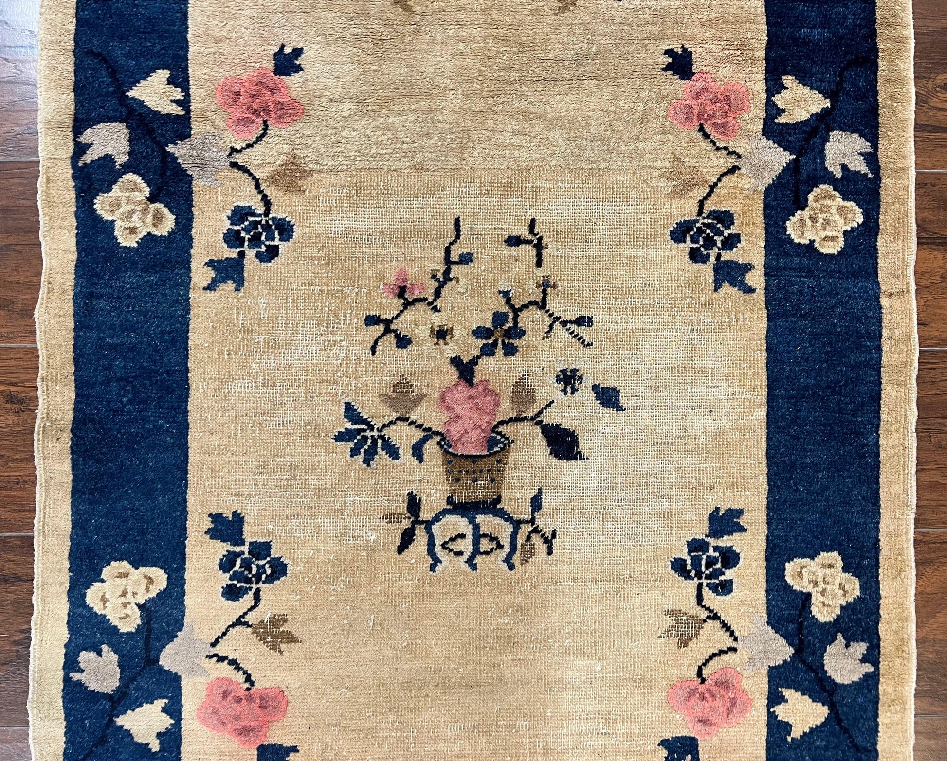 Antique Chinese Peking Rug 3x6, Beige and Dark Blue Hand Knotted Handmade Asian Oriental Carpet, Floral Vases, Vintage Wool Art Deco Rug - Nuvé